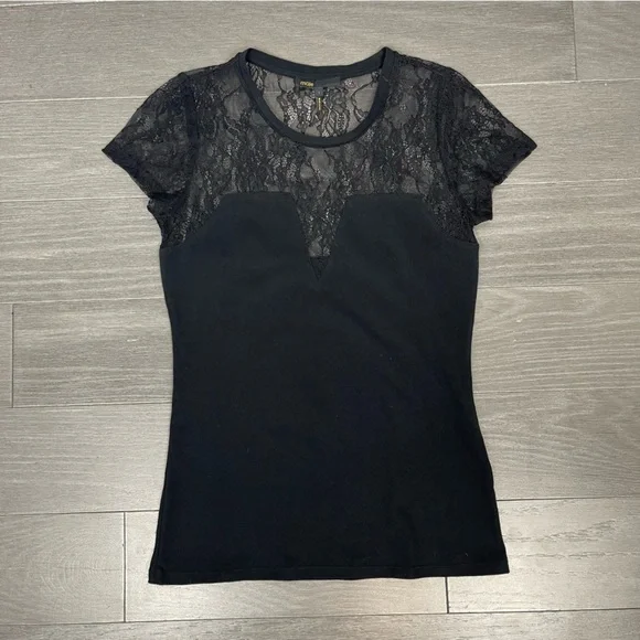 MAJE Paris Black Lace Inset Sheer Tee Shirt Top Short Sleeve Sexy 1 S Whimsigoth - Picture 11 of 12